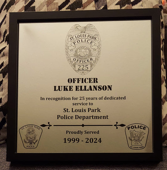 Custom Police Officer or K9 designed laser engraved retirement plaque Law Enforcement, Sheriff Deputy, Trooper, Patrol Officer, 12x12 Framed