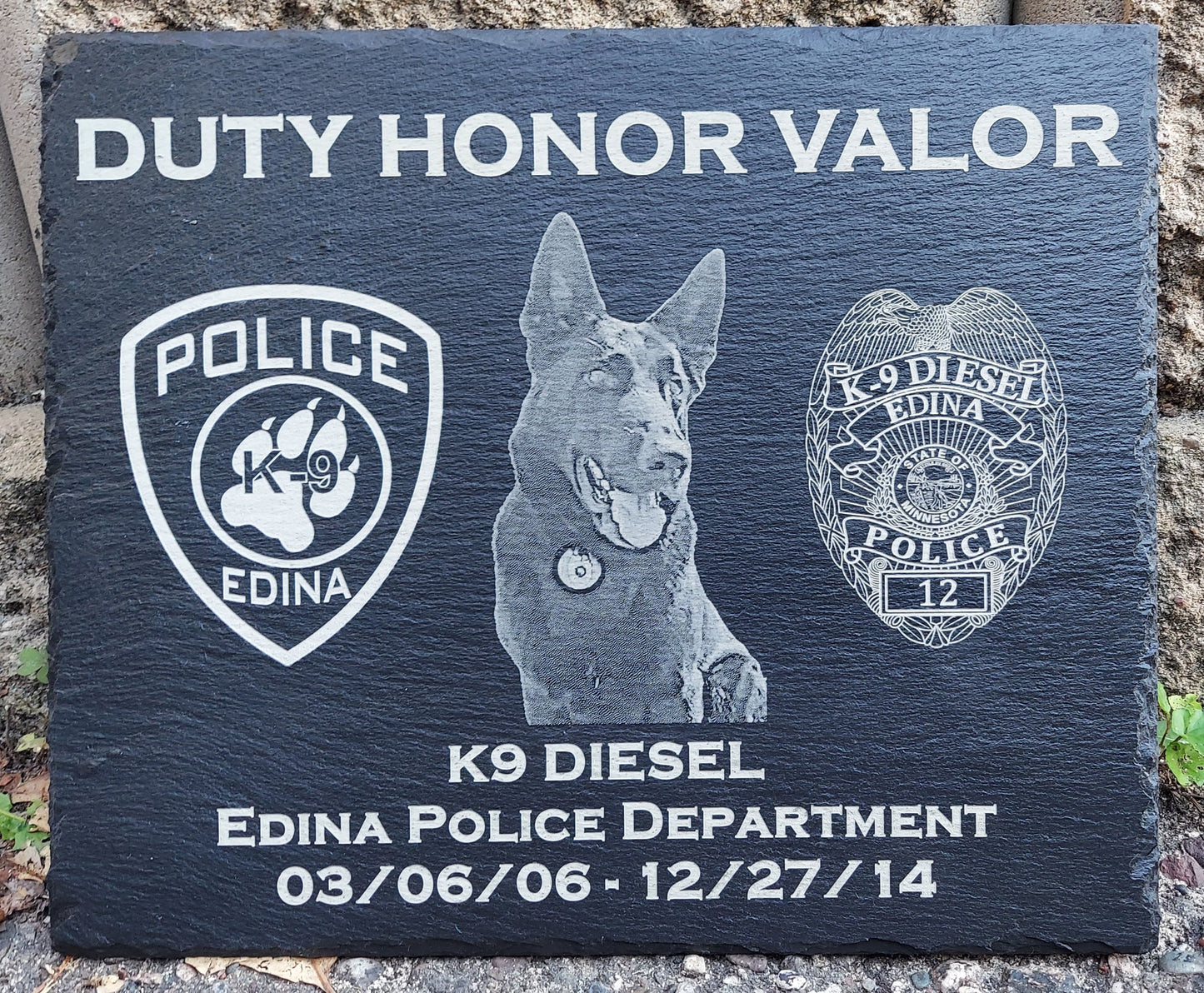 Custom designed Law Enforcement K9 laser engraved slate 12x10 memorial or retirement plaque - Police K9, K9 Memorial Plaque, K9 Retirement