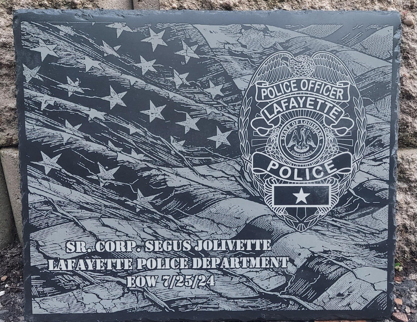 Custom Police Officer designed laser engraved slate 12x10 memorial plaque - Tattered Flag, Law Enforcement Memorial Plaque, Sheriff Deputy