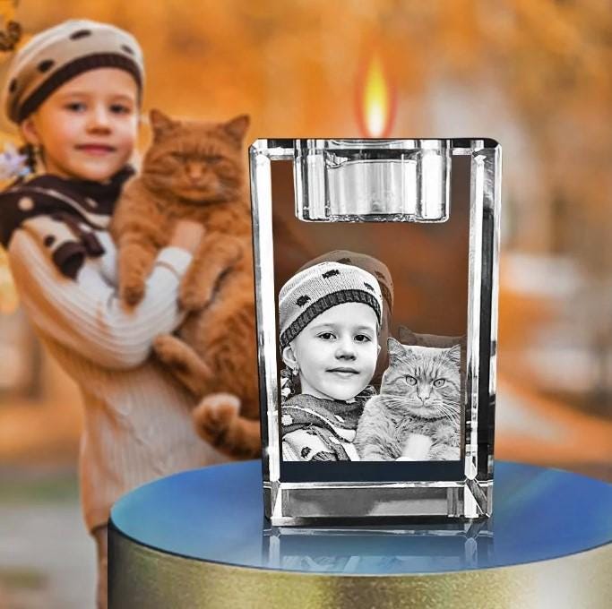Candle Holder 3D Crystal Engraved Photo | Personalized & Custom Candle Holder | LED Base optional | Love Keepsake Valentine's Day l Memorial