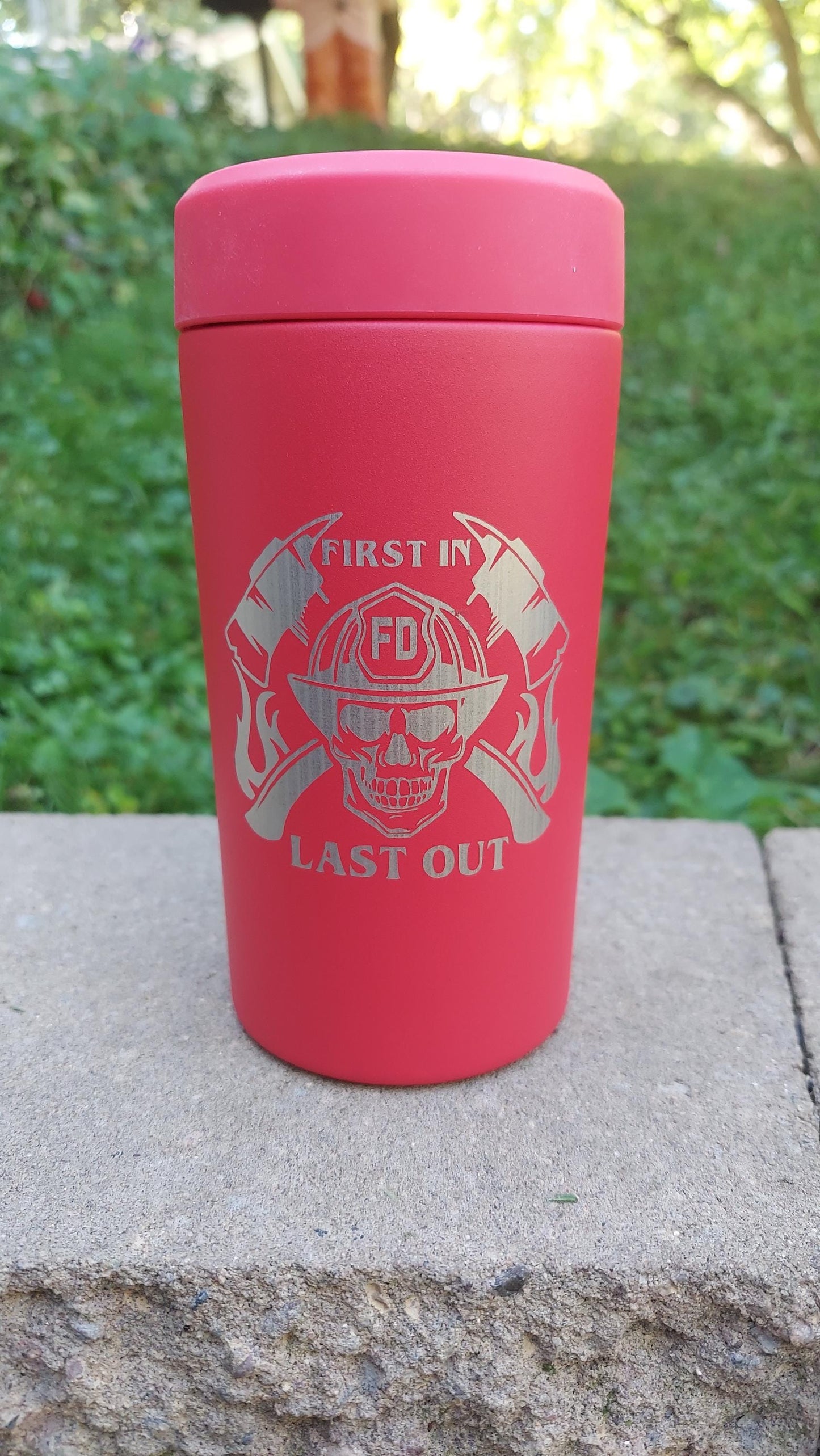 Custom Engraved Frost Buddy Universal Buddy 2.0 Can Cooler - Firefighter, Fireman, Fire, Fire Department, Badge, Patch, Fire Maltese