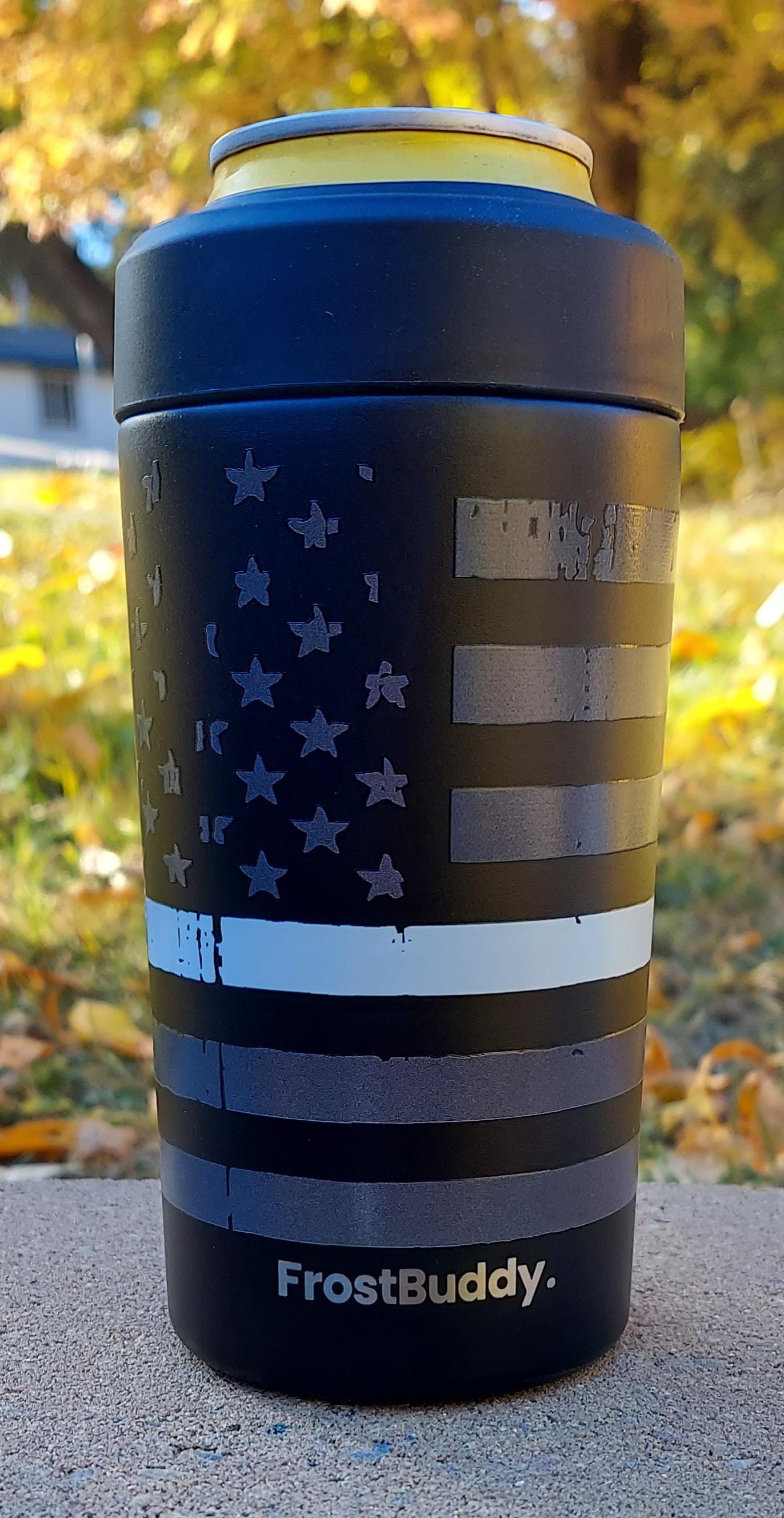 Frost Buddy Universal Buddy 2.0 Can Cooler - White Line Flag, EMS, EMT, Paramedic, Emergency Medical Services, Ambulance, First Responder
