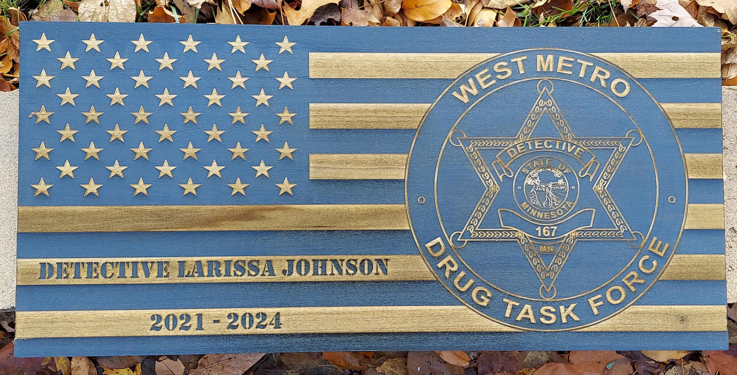 Distressed American Wood Flag Police Officer Badge Patch Law Enforcement Memorial Retirement, Plaque, Sheriff Deputy, 24"x11 1/4"x 3/4"