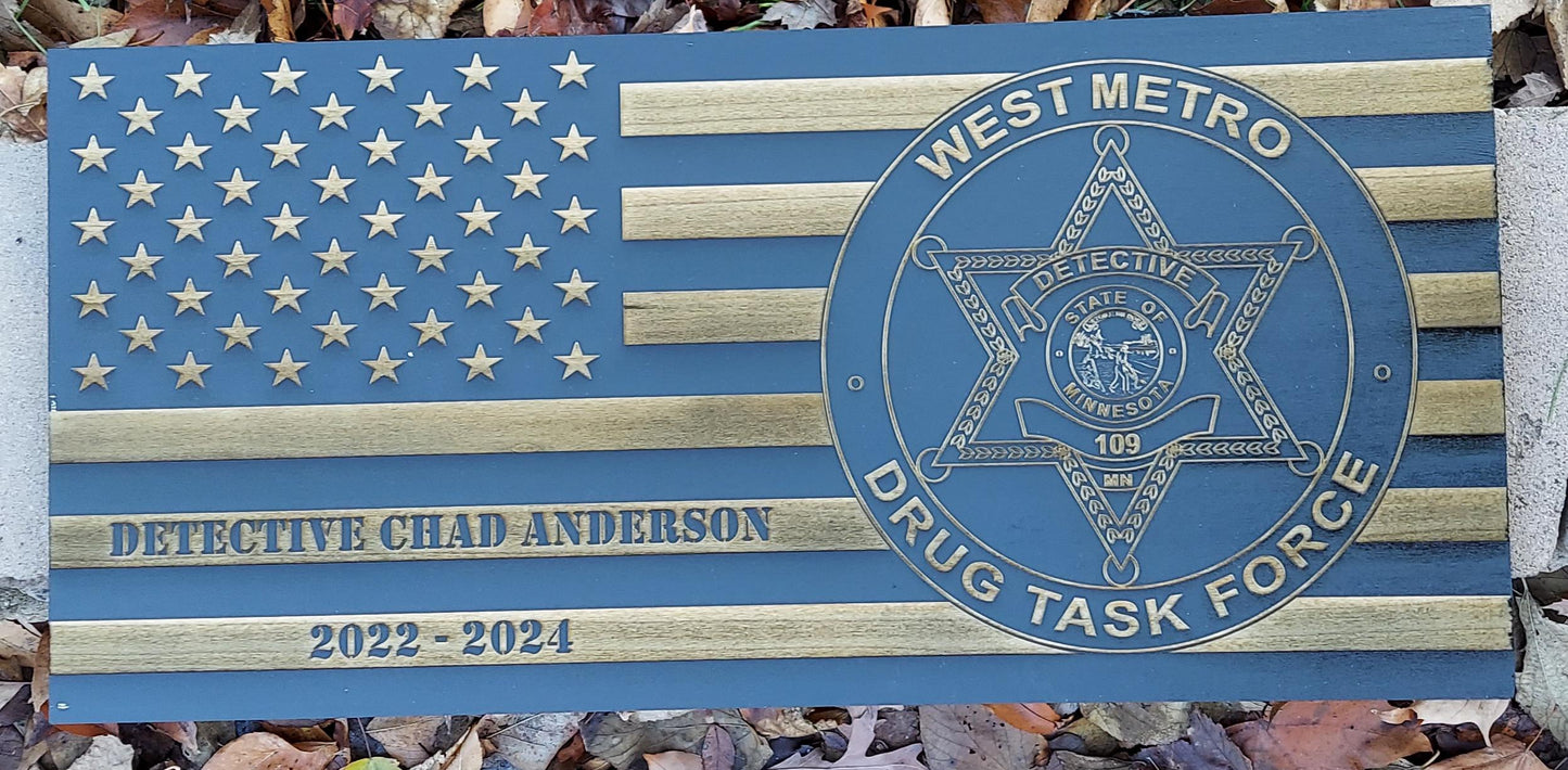 Distressed American Wood Flag Police Officer Badge Patch Law Enforcement Memorial Retirement, Plaque, Sheriff Deputy, 24"x11 1/4"x 3/4"