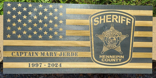 Distressed American Wood Flag Police Officer Badge Patch Law Enforcement Memorial Retirement, Plaque, Sheriff Deputy, 24"x11 1/4"x 3/4"