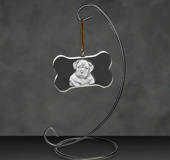2D Photo Crystal Dog Bone Shaped Ornament Engraved w/ your photo Personalized Gift, Mother's Day, Father's Day, Mom Dad Christmas
