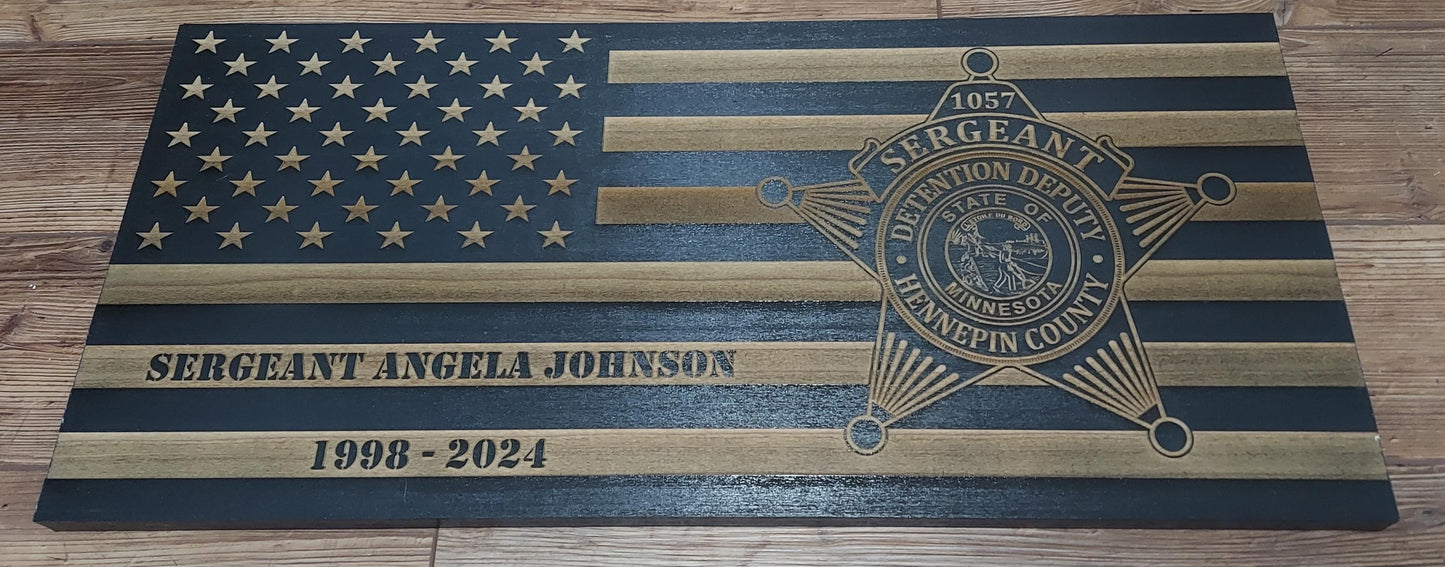 Distressed American Wood Flag Police Officer Badge Patch Law Enforcement Memorial Retirement, Plaque, Sheriff Deputy, 24"x11 1/4"x 3/4"