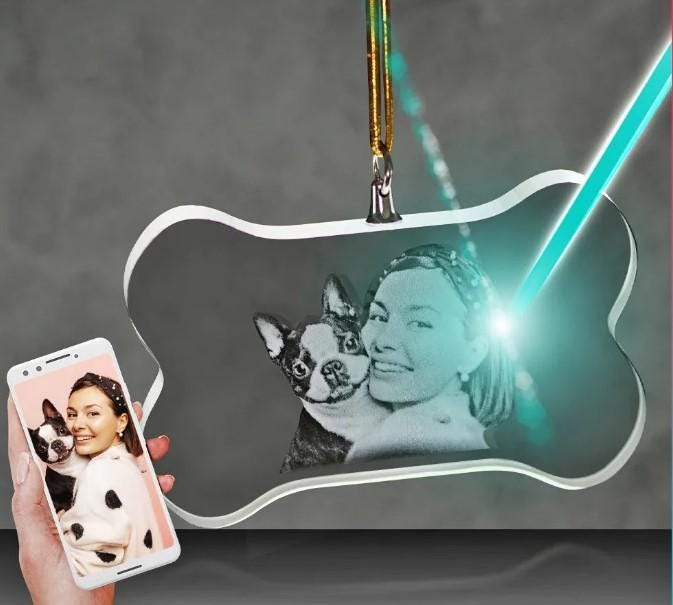 2D Photo Crystal Dog Bone Shaped Ornament Engraved w/ your photo Personalized Gift, Mother's Day, Father's Day, Mom Dad Christmas