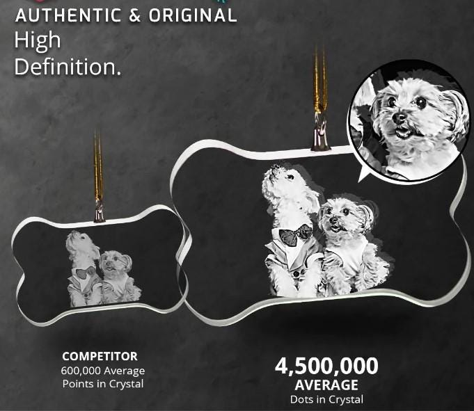 2D Photo Crystal Dog Bone Shaped Ornament Engraved w/ your photo Personalized Gift, Mother's Day, Father's Day, Mom Dad Christmas