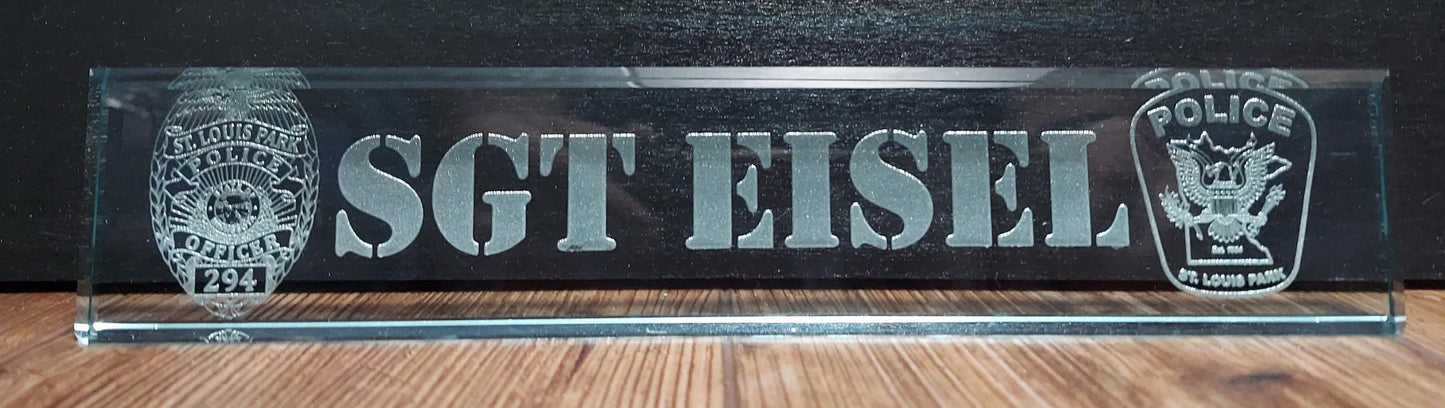 Custom laser engraved Jade glass desk wedge - 10" x 2" Police, Deputy Sheriff, Trooper, Officer, Law Enforcement, Firefighter, Military