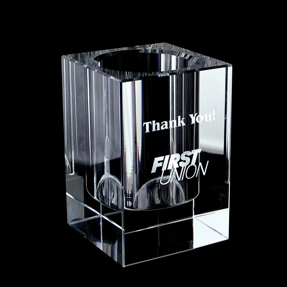 Custom Engraved Optic Crystal Pen/Pencil Holder - Personalized, Police, Law Enforcement, Firefighter, Business Logo, Text