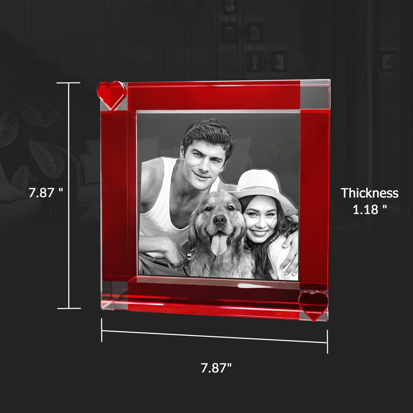 3D Red Hearts Crystal Photo Frame - Engraved - Mother's Day, Father's Day, Birthday, Anniversary, Memorial - Personalized - Customized