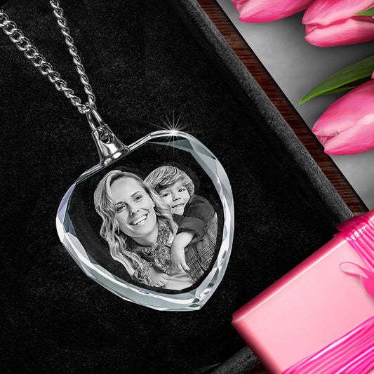 3D Photo Crystal Heart Shaped Necklace Engraved with your photo Personalized Gift, Mother's Day, Father's Day, Valentine's, Mom, Dad, Pet