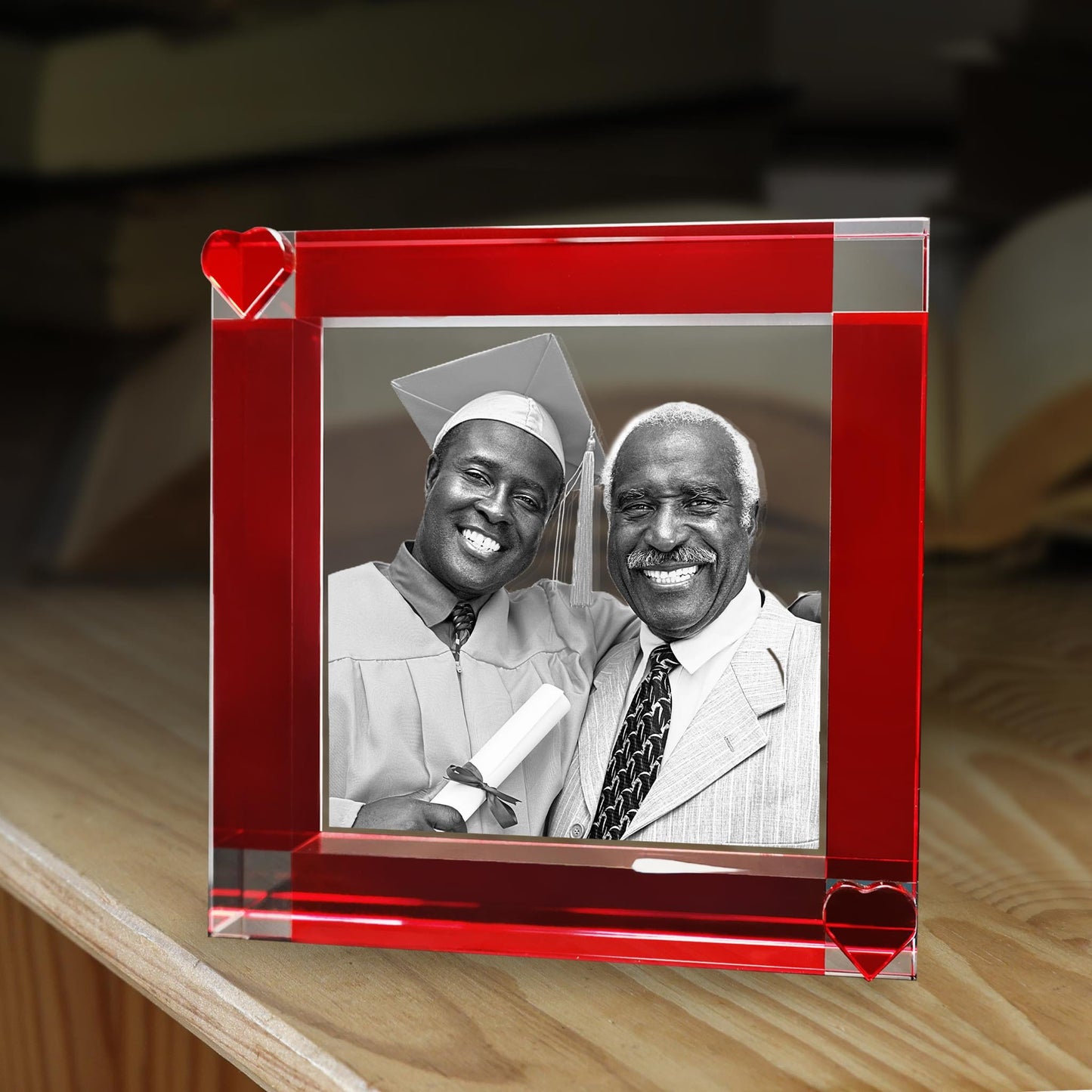 custom 3D laser engraved crystal frame with red hearts 