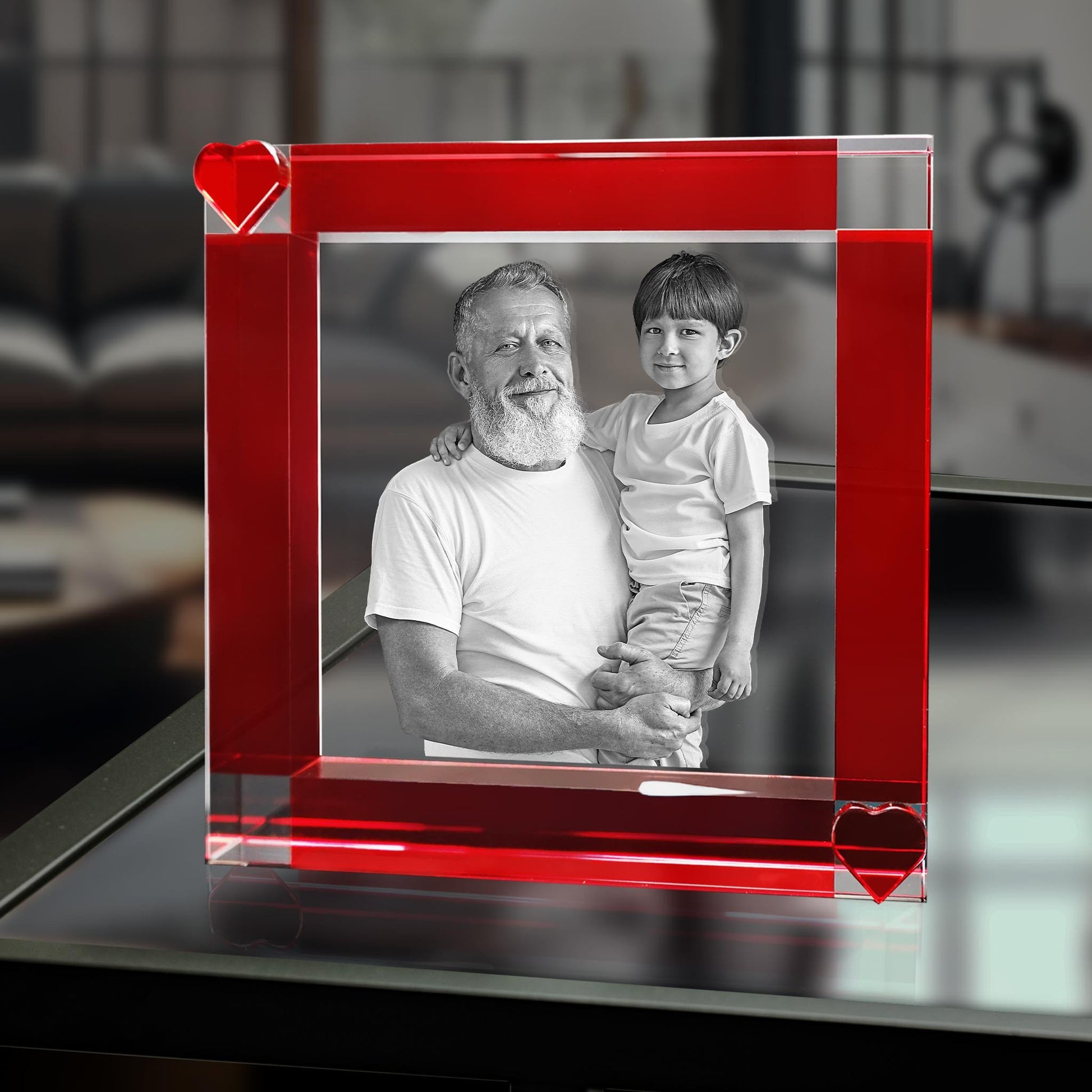 custom 3D laser engraved crystal frame with red hearts 