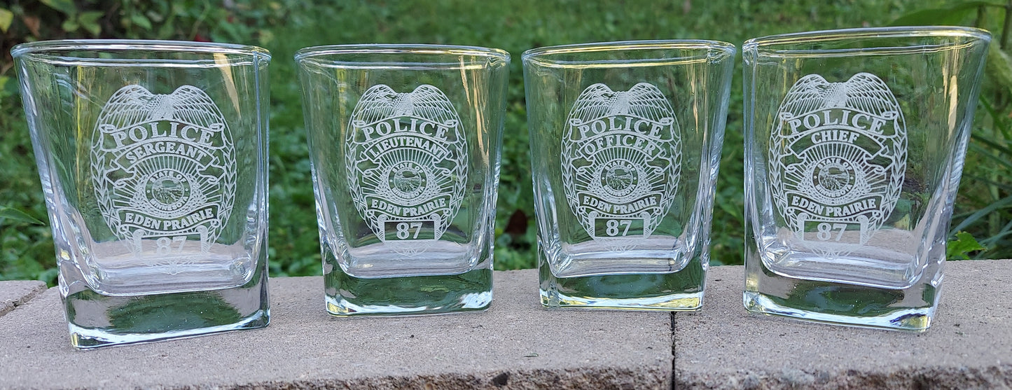 Custom Police Officer Law Enforcement laser engraved whiskey glasses / low balls - set of 4 - Police, Trooper, Officer, Deputy, Sheriff