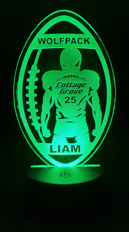 Football Player and Football Acrylic Engraved Sign with LED Base | 16 Color Changing LEDs | Customized Engraved Acrylic Sign - Player Name