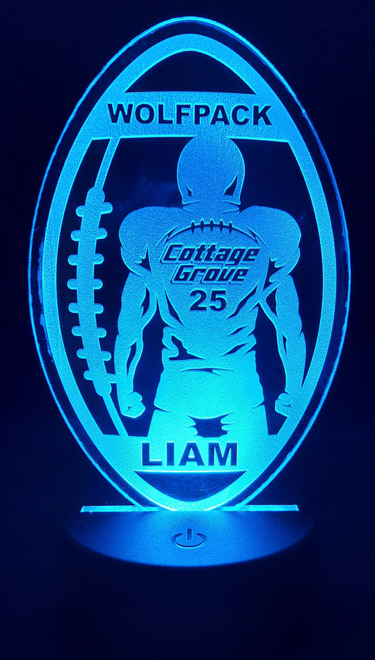 Football Player and Football Acrylic Engraved Sign with LED Base | 16 Color Changing LEDs | Customized Engraved Acrylic Sign - Player Name