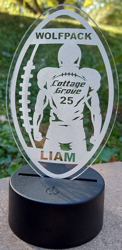 Football Player and Football Acrylic Engraved Sign with LED Base | 16 Color Changing LEDs | Customized Engraved Acrylic Sign - Player Name