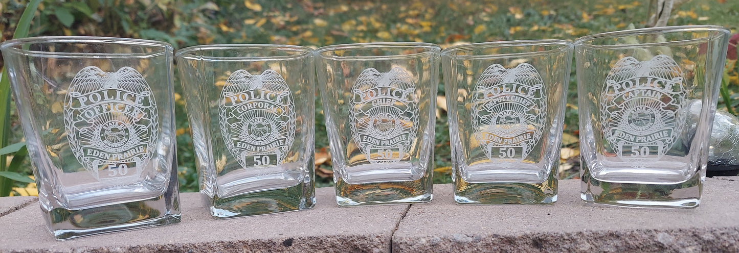 Custom Police Officer Law Enforcement laser engraved whiskey glasses / low balls - set of 4 - Police, Trooper, Officer, Deputy, Sheriff