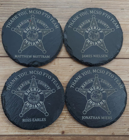 Custom Police Officer Law Enforcement laser engraved slate coaster set - Police, Trooper, Officer, Deputy. Sheriff - (Set of 4)