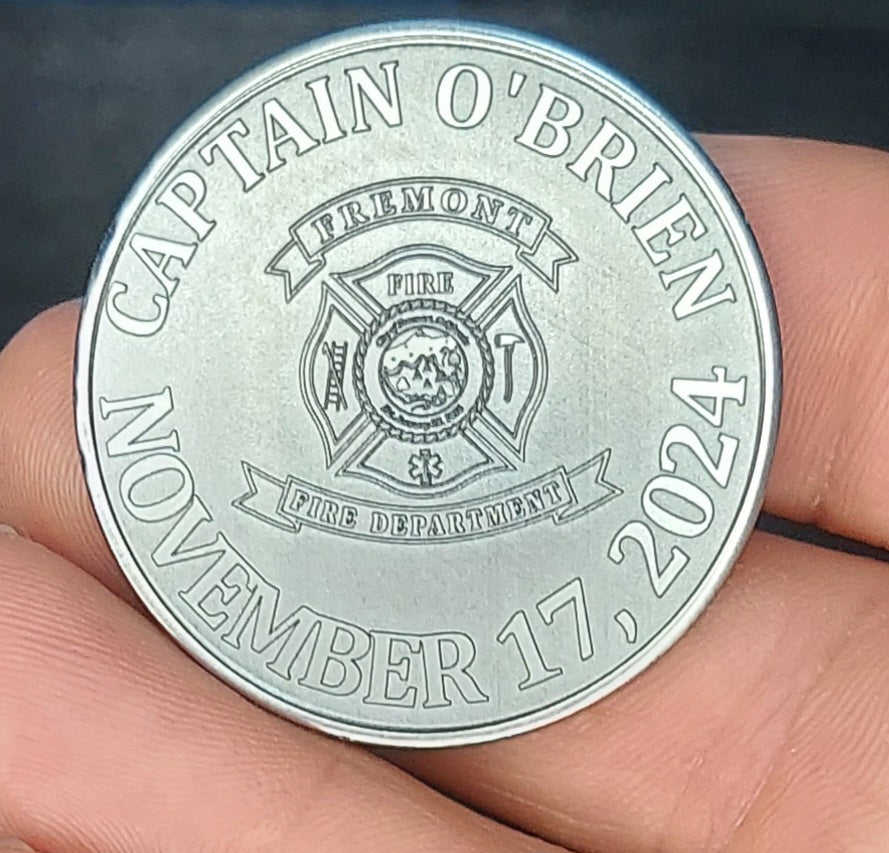 Custom laser engraved brass / stainless steel challenge coin - Firefighter, Fire Maltese, Fire Department, Fireman, Retirement, Deep Engrave