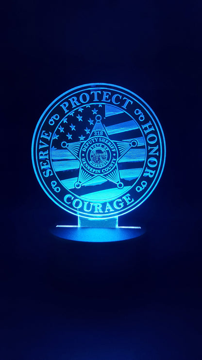 Police Badge Acrylic lighted plaque, US Flag, Police Gift lighted plaque / Night Light, Law Enforcement, Sheriff, Trooper, Remote Control
