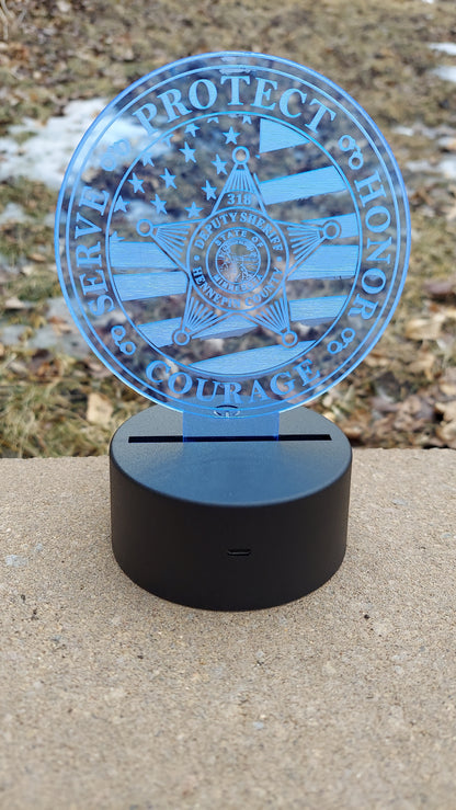 Police Badge Acrylic lighted plaque, US Flag, Police Gift lighted plaque / Night Light, Law Enforcement, Sheriff, Trooper, Remote Control
