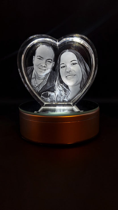 Heart Shaped 3D Crystal Engraved Photo | Personalized & Custom Heart Crystal | LED Base optional | Love Keepsake l Memorial l Father's Day