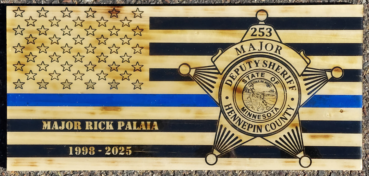 Blue Line Wood Flag Police Officer Badge Patch Law Enforcement Memorial Retirement, Plaque, Sheriff Deputy, 24"x11 1/4"x 3/4"