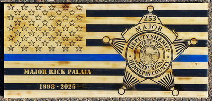 Blue Line Wood Flag Police Officer Badge Patch Law Enforcement Memorial Retirement, Plaque, Sheriff Deputy, 24"x11 1/4"x 3/4"