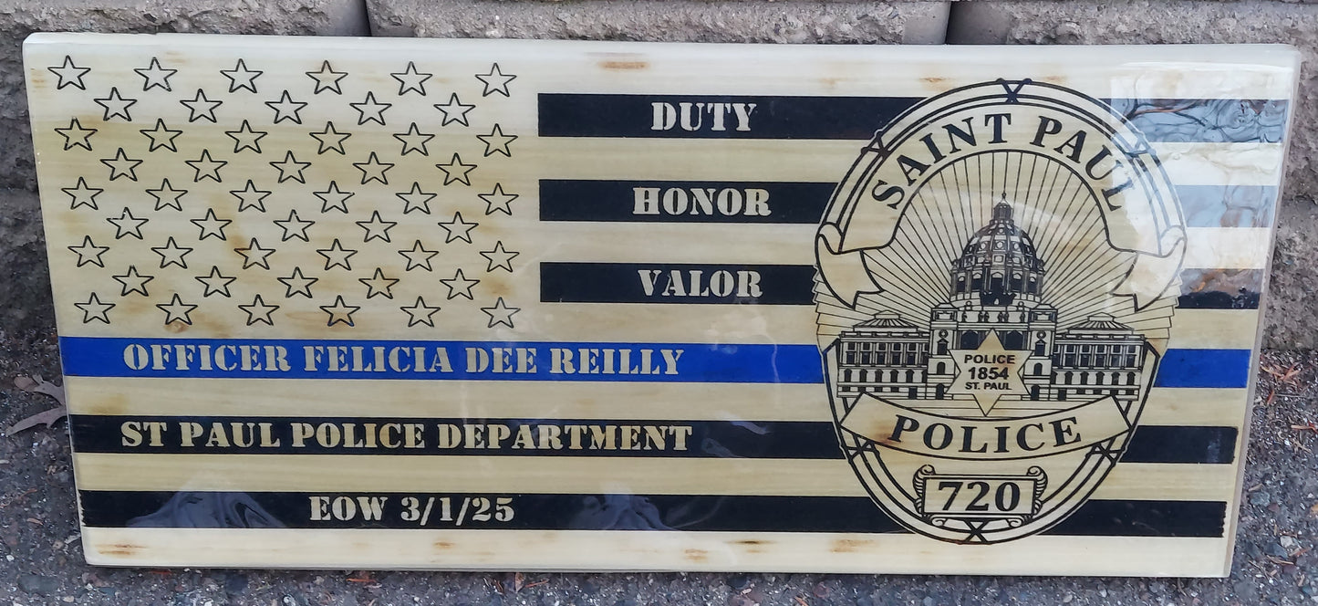 Blue Line Wood Flag Police Officer Badge Patch Law Enforcement Memorial Retirement, Plaque, Sheriff Deputy, 24"x11 1/4"x 3/4"