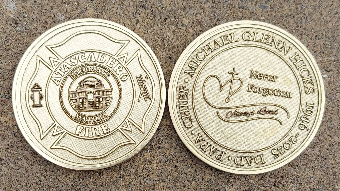 Custom laser engraved brass / stainless steel challenge coin - Firefighter, Fire Maltese, Fire Department, Fireman, Retirement, Deep Engrave