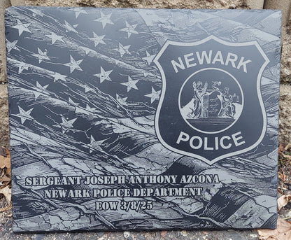 Custom Police Officer designed laser engraved slate 12x10 memorial plaque - Tattered Flag,  Law Enforcement Memorial Plaque, Sheriff Deputy