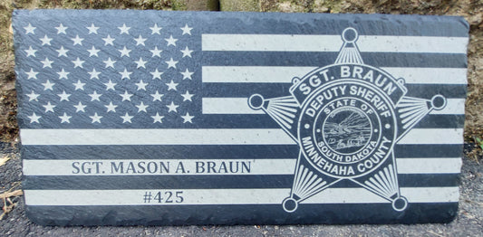 Custom laser engraved slate plaque - American flag - Police, Deputy Sheriff, Trooper, Officer, Law Enforcement, EOW, Retirement 10" x 5"