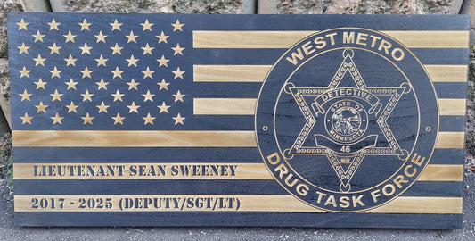 Distressed American Wood Flag Police Officer Badge Patch Law Enforcement Memorial Retirement, Plaque, Sheriff Deputy, 24"x11 1/4"x 3/4"