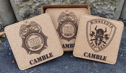 Custom laser engraved leatherette "cork" style coaster set - (Set of 6)