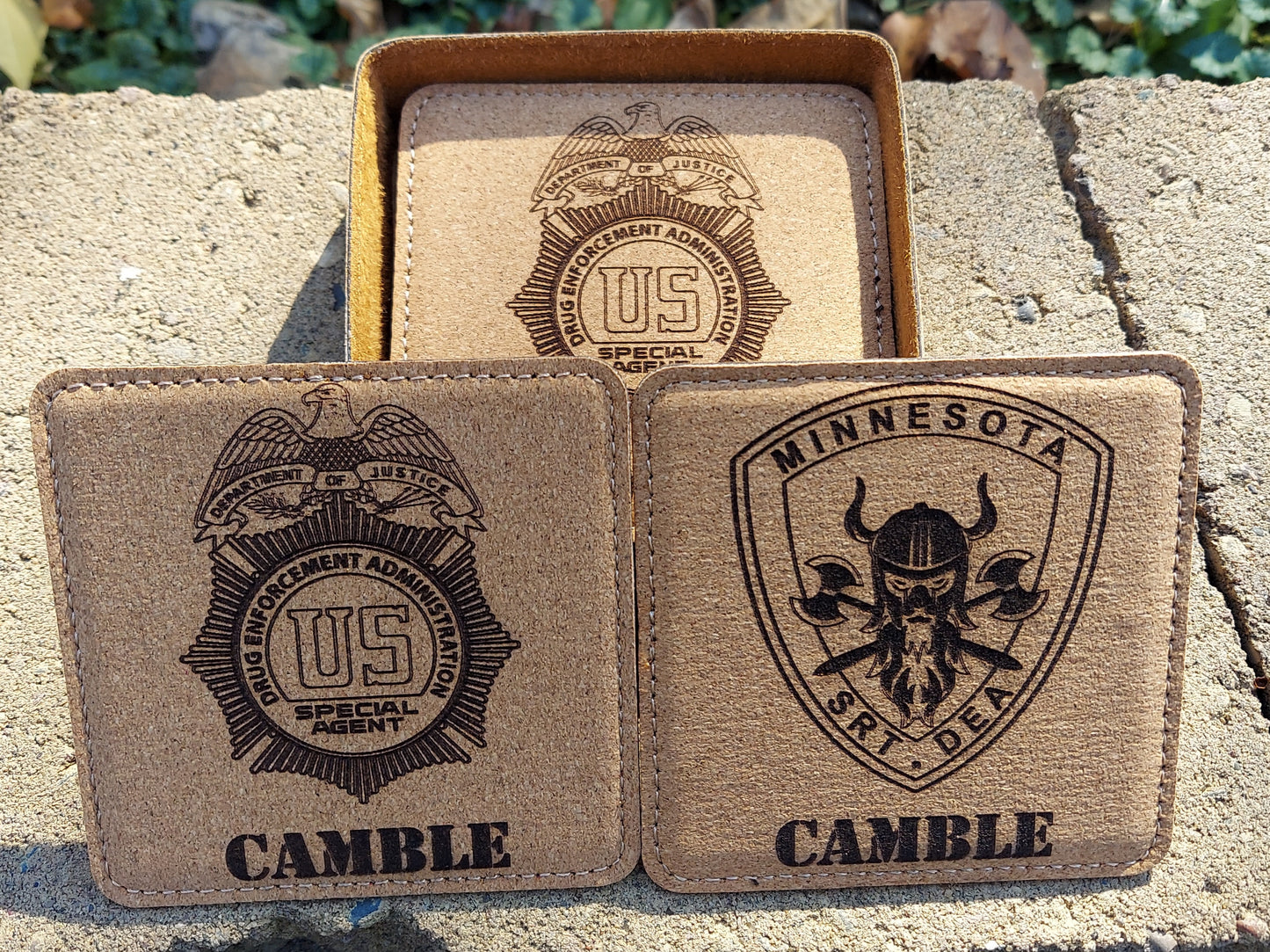 Custom laser engraved leatherette "cork" style coaster set - (Set of 6)