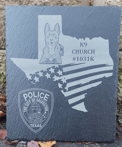 Custom Police K9 Law Enforcement laser engraved slate 12x10 plaque - State of Texas, US Flag, Trooper, Officer, Deputy Sheriff, SWAT