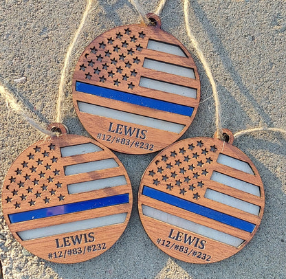 Blue Line First Responders Double Layered Ornament | Custom Wooden Ornament | Police - American Flag Christmas Tree Decor