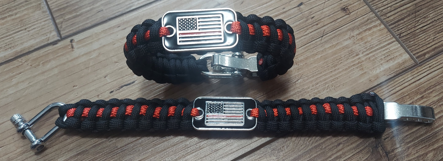 Thin Red Line Paracord Bracelet - Firefighter Paracord Survival Bracelet - American Flag Emblem - Adjustable Zinc Alloy Buckle