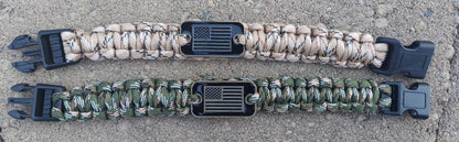 Camouflage Woven Survival Bracelet with American Flag Bar Pendant