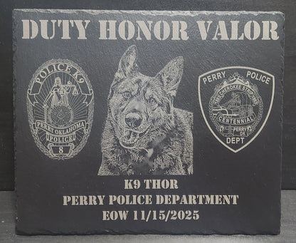 Custom designed Law Enforcement K9 laser engraved slate 12x10 memorial or retirement plaque - Police K9, K9 Memorial Plaque, K9 Retirement