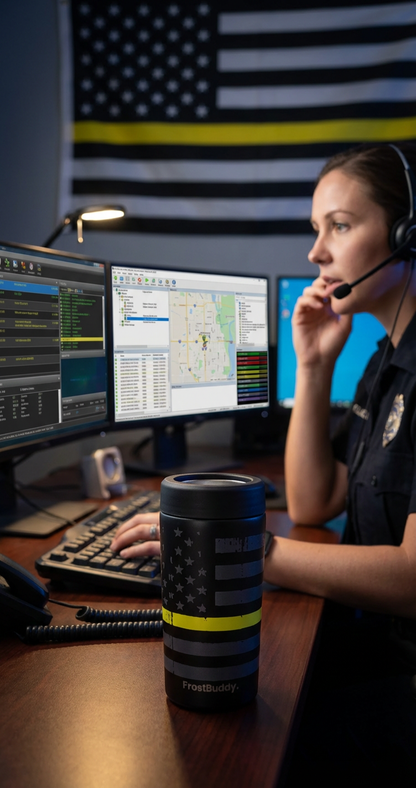 Frost Buddy Universal Buddy 2.0 Can Cooler - Yellow Line Flag, Police Dispatcher, Dispatcher, Thin Yellow Line, First Responder