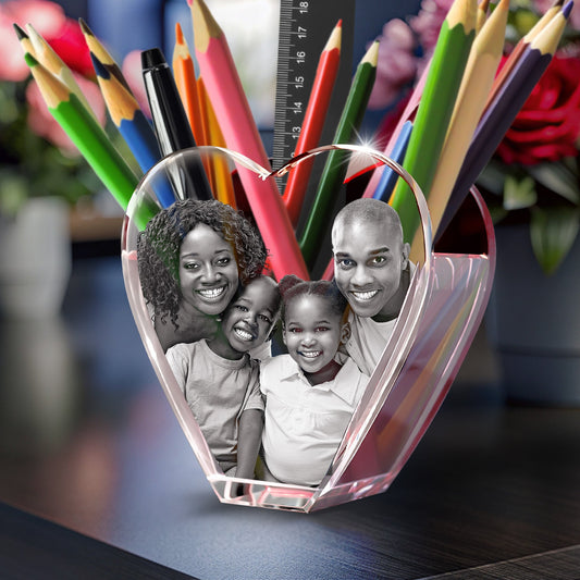 Red Heart Pencil Holder - 3D Photo Engrave - Mother's Day, Father's Day, Birthday, Anniversary, Valentine's Day - Customized Engraving