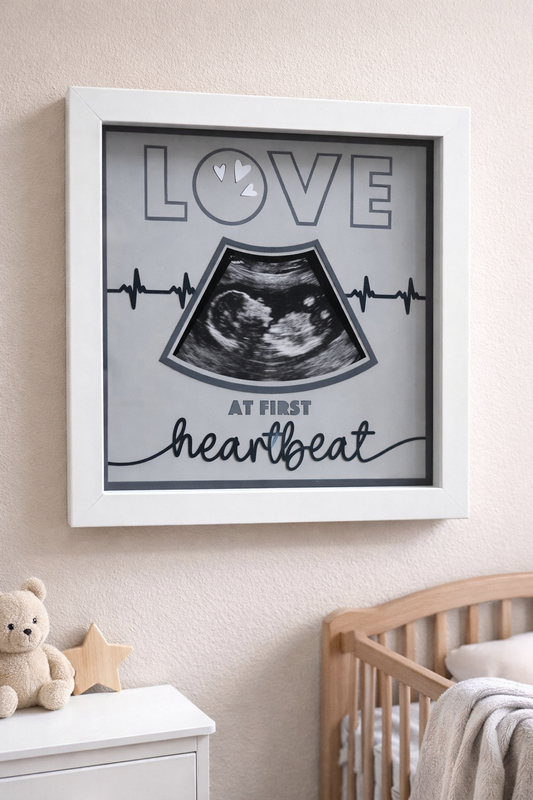 Love at First Heartbeat Baby Ultrasound Sonogram Photo Picture Frame, Baby Shower Gift, Gift for New Parents and Expecting Shadow Box 8"x8"