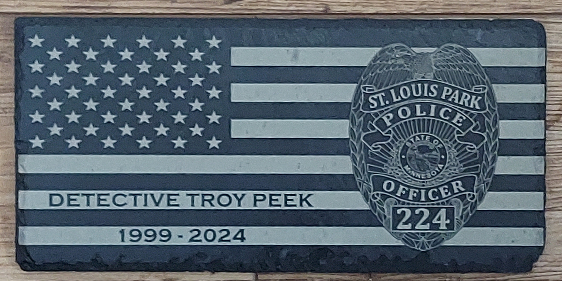 Custom laser engraved slate flag police retirement plaque
