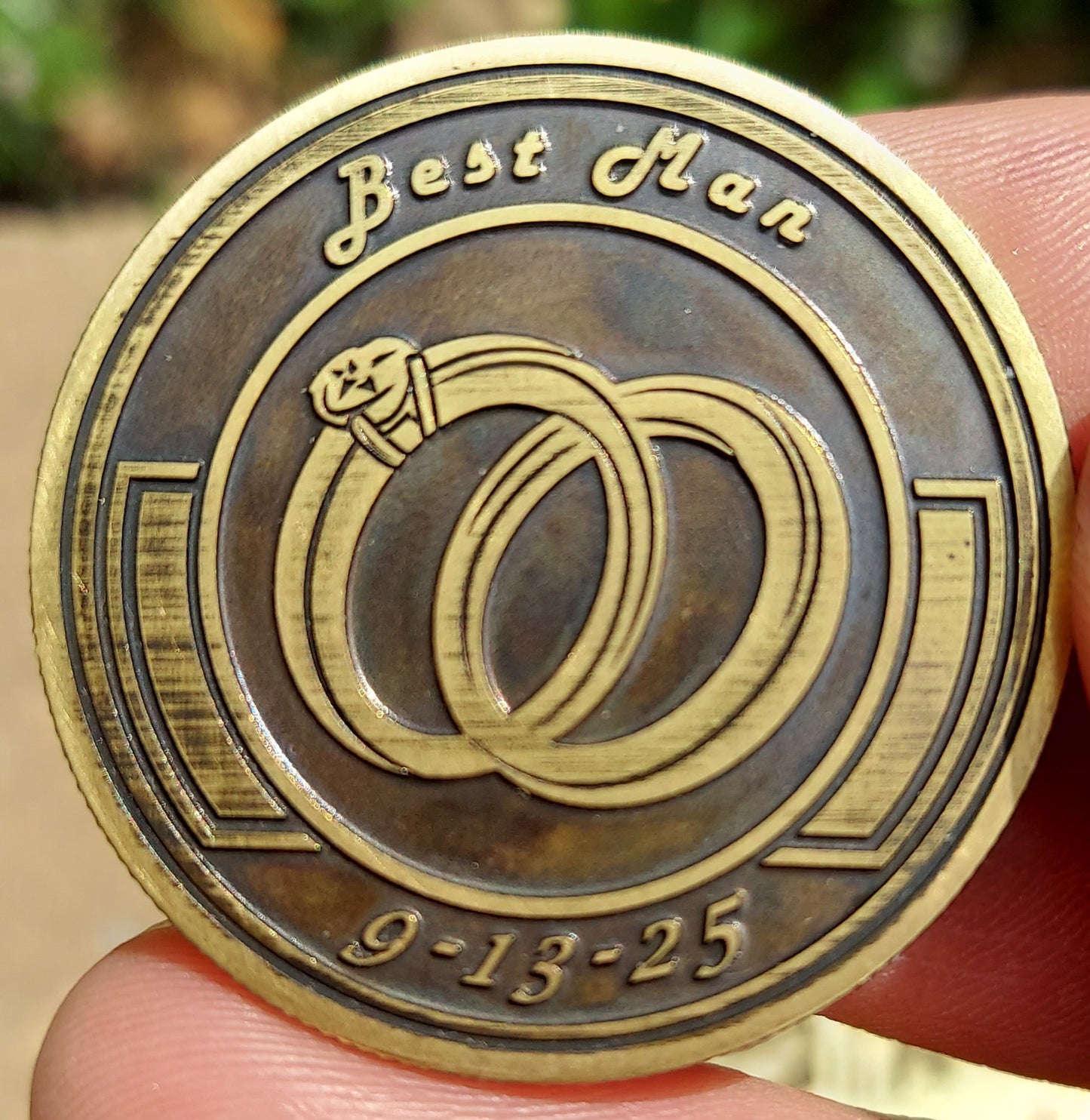 Engraved wedding challenge coin