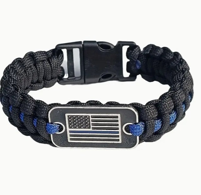 Thin Blue Line Paracord Bracelet - Police Officer Paracord Survival Bracelet - American Flag Emblem