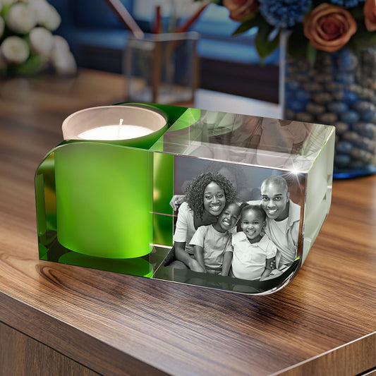 3D Crystal Photo Green Leaf Candle Holder - Portrait Engraved with your photo - Mother's Day, Father's Day, Memorial, Mom, Dad, Wife, Pet